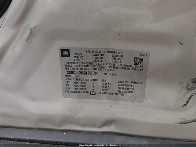 Продаж на аукціоні авто 2016 Chevrolet Trax Lt, vin: 3GNCJLSB5GL255094, номер лоту: 45044543