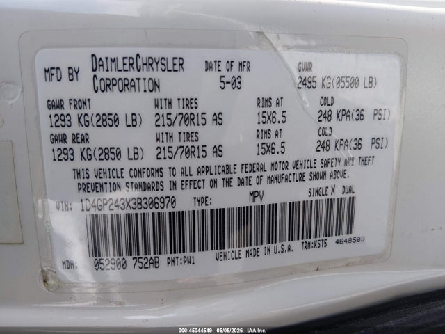 2003 Dodge Grand Caravan Se მანქანა იყიდება აუქციონზე, vin: 1D4GP243X3B306970, აუქციონის ნომერი: 45044549