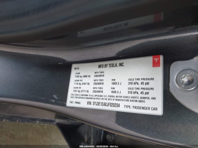 Aukcja sprzedaży 2018 Tesla Model 3 Long Range/mid Range, vin: 5YJ3E1EAXJF028204, numer aukcji: 45044550