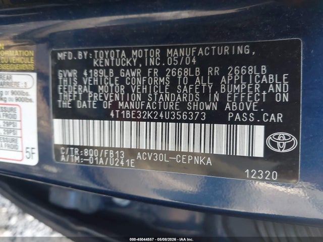 Продажа на аукционе авто 2004 Toyota Camry Le, vin: 4T1BE32K24U356373, номер лота: 45044557