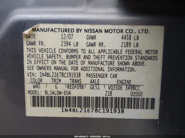 2008 Nissan Altima 3.5 Se მანქანა იყიდება აუქციონზე, vin: 1N4BL21E78C191938, აუქციონის ნომერი: 45044572