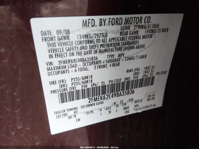 Продажа на аукционе авто 2009 Ford Flex Sel, vin: 2FMEK62C49BA35836, номер лота: 45044573