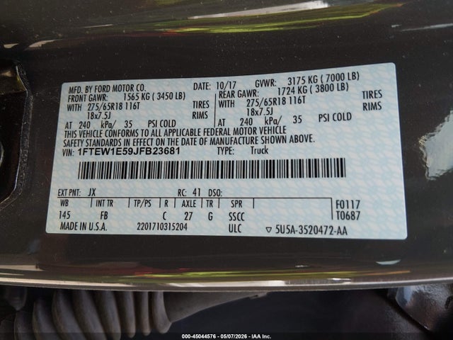 Продажа на аукционе авто 2018 Ford F-150 Xlt, vin: 1FTEW1E59JFB23681, номер лота: 45044576