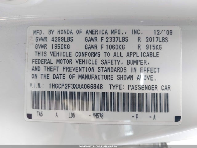2010 Honda Accord 2.4 Lx მანქანა იყიდება აუქციონზე, vin: 1HGCP2F3XAA066848, აუქციონის ნომერი: 45044579