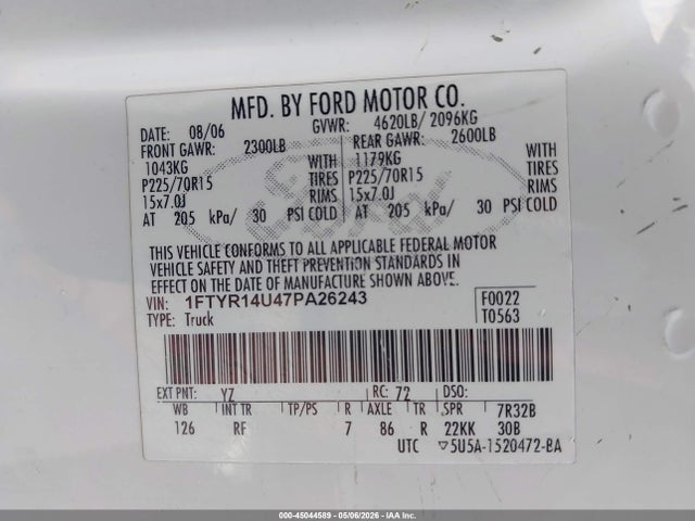 Продаж на аукціоні авто 2007 Ford Ranger Sport/stx/xl/xlt, vin: 1FTYR14U47PA26243, номер лоту: 45044589