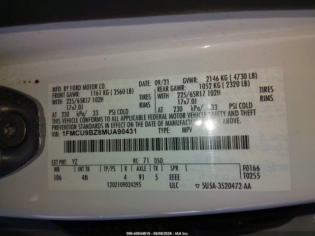 Aukcja sprzedaży 2021 Ford Escape Se Hybrid, vin: 1FMCU9BZ8MUA90431, numer aukcji: 45044619