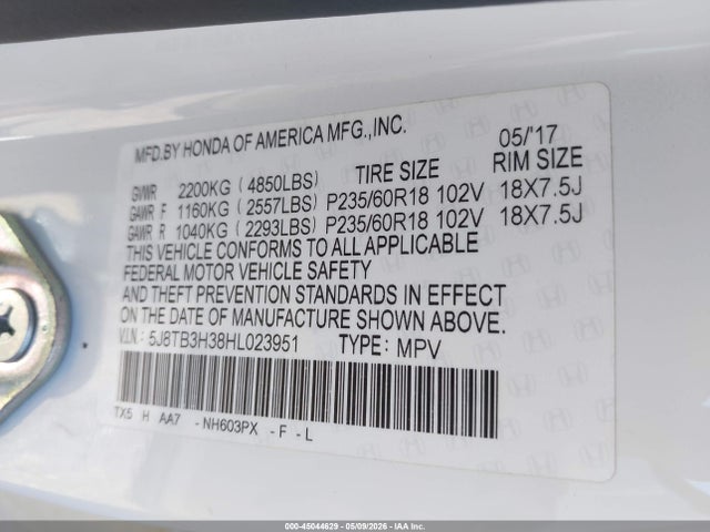 Auction sale of the 2017 Acura Rdx Acurawatch Plus Package, vin: 5J8TB3H38HL023951, lot number: 45044629