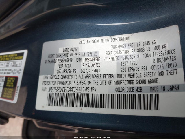 Aukcja sprzedaży 2014 Mazda Cx-9 Touring, vin: JM3TB2CA0E0440399, numer aukcji: 45044631