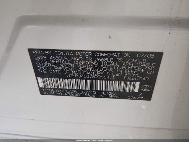 Aukcja sprzedaży 2008 Lexus Es 350, vin: JTHBJ46G782266471, numer aukcji: 45044632