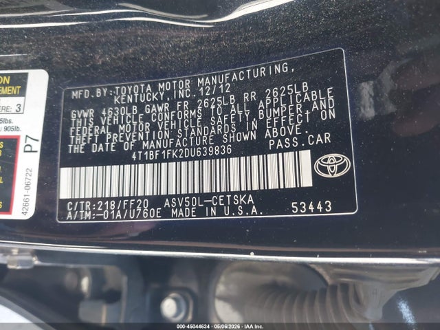 Aukcja sprzedaży 2013 Toyota Camry Se, vin: 4T1BF1FK2DU639836, numer aukcji: 45044634