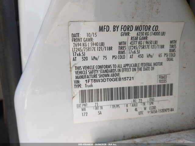Aukcja sprzedaży 2016 Ford F-350 Lariat, vin: 1FT8W3DT0GEB15721, numer aukcji: 45044636