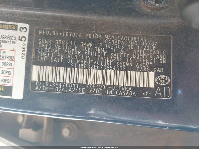 Auction sale of the 2007 Toyota Corolla Le, vin: 2T1BR32E67C854502, lot number: 45044642