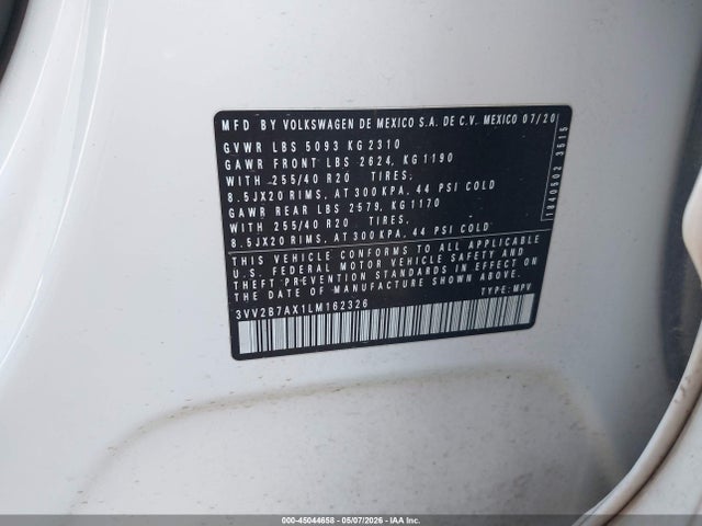 Aukcja sprzedaży 2020 Volkswagen Tiguan 2.0t Se/2.0t Se R-line Black/2.0t Sel, vin: 3VV2B7AX1LM162326, numer aukcji: 45044658