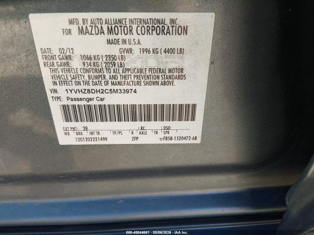 45044661 :رقم المزاد ، 1YVHZ8DH2C5M33974 vin ، 2012 Mazda Mazda6 I Touring مزاد بيع