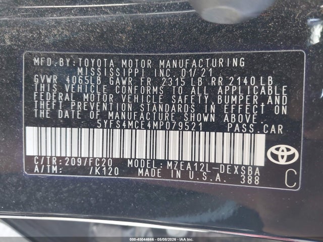 2021 Toyota Corolla Se Nightshade Edition მანქანა იყიდება აუქციონზე, vin: 5YFS4MCE4MP079521, აუქციონის ნომერი: 45044666