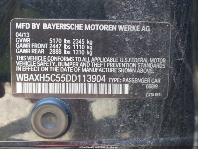 2013 Bmw 528i Xdrive მანქანა იყიდება აუქციონზე, vin: WBAXH5C55DD113904, აუქციონის ნომერი: 45044675