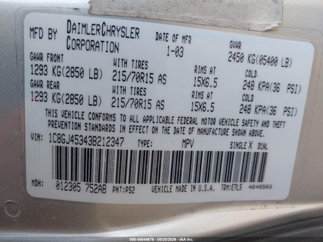 Auction sale of the 2003 Chrysler Voyager Lx, vin: 1C8GJ45343B212347, lot number: 45044676