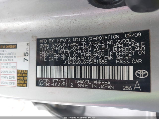 Продажа на аукционе авто 2009 Toyota Prius, vin: JTDKB20U893481886, номер лота: 45044685