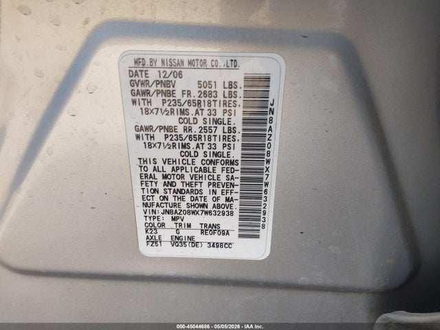 Продажа на аукционе авто 2007 Nissan Murano S, vin: JN8AZ08WX7W632938, номер лота: 45044686