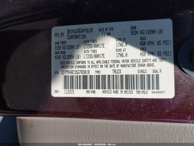 2005 Dodge Ram 3500 Slt/laramie მანქანა იყიდება აუქციონზე, vin: 3D7MS48C35G765018, აუქციონის ნომერი: 45044687