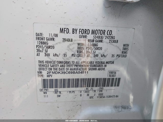 Продаж на аукціоні авто 2009 Ford Edge Limited, vin: 2FMDK39C69BA54811, номер лоту: 45044689