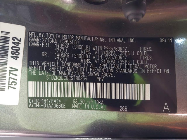 45044690 :رقم المزاد ، 5TDZK3DC8CS180854 vin ، 2012 Toyota Sienna Base V6 7 Passenger مزاد بيع