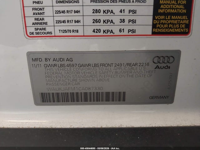 45044695 :رقم المزاد ، WAUKJAFM1CA087330 vin ، 2012 Audi A3 2.0 Tdi Premium مزاد بيع