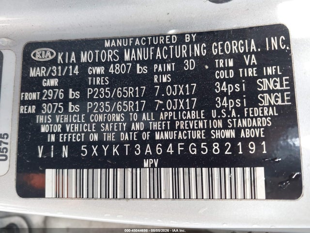 Aukcja sprzedaży 2015 Kia Sorento Lx, vin: 5XYKT3A64FG582191, numer aukcji: 45044698