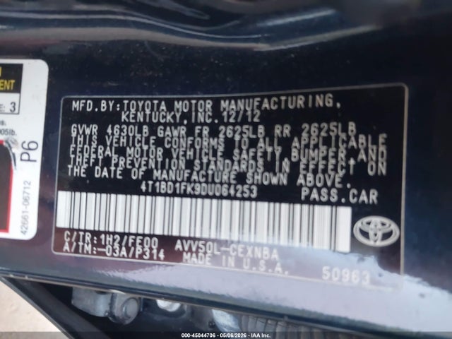 45044706 :رقم المزاد ، 4T1BD1FK9DU064253 vin ، 2013 Toyota Camry Hybrid Le مزاد بيع