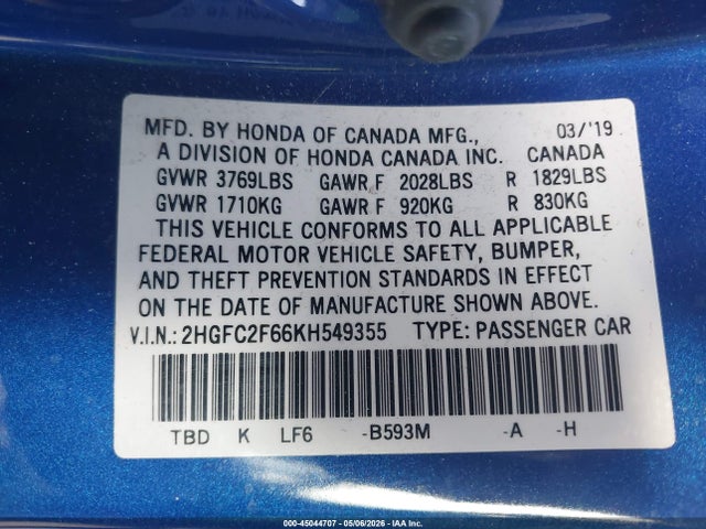 2019 Honda Civic Lx მანქანა იყიდება აუქციონზე, vin: 2HGFC2F66KH549355, აუქციონის ნომერი: 45044707
