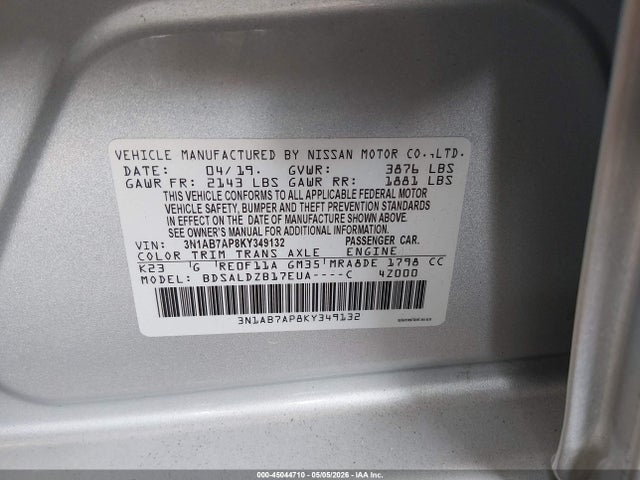 3N1AB7AP8KY349132 Nissan SENTRA SV