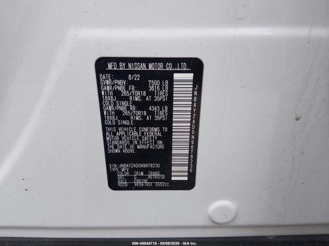 2022 Nissan Armada Sv 4wd მანქანა იყიდება აუქციონზე, vin: JN8AY2AD5N9678230, აუქციონის ნომერი: 45044715