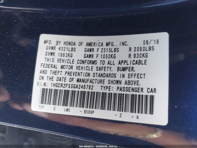 1HGCR2F55GA246792 Honda Accord Sport