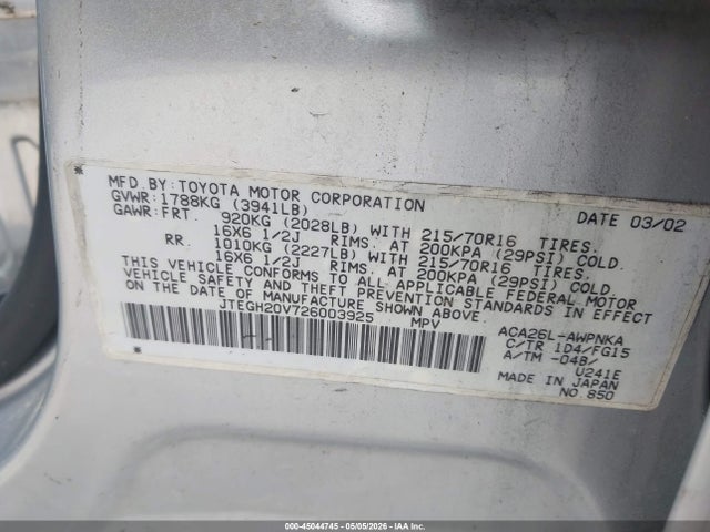 Продаж на аукціоні авто 2002 Toyota Rav4, vin: JTEGH20V726003925, номер лоту: 45044745