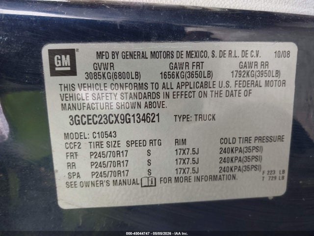 Aukcja sprzedaży 2009 Chevrolet Silverado 1500 Lt, vin: 3GCEC23CX9G134621, numer aukcji: 45044747