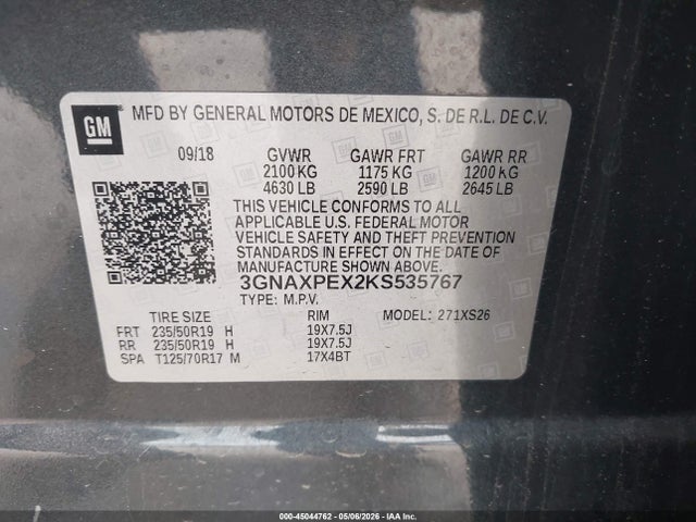 Aukcja sprzedaży 2019 Chevrolet Equinox Premier, vin: 3GNAXPEX2KS535767, numer aukcji: 45044762
