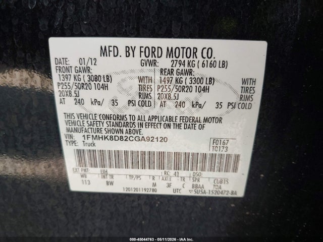 Продажа на аукционе авто 2012 Ford Explorer Xlt, vin: 1FMHK8D82CGA92120, номер лота: 45044763