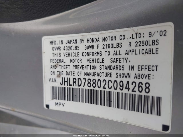 Продажа на аукционе авто 2002 Honda Cr-v Ex, vin: JHLRD78802C094268, номер лота: 45044768