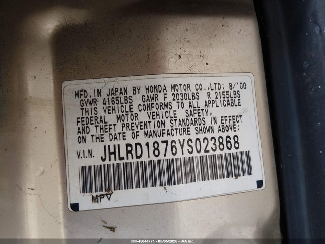 45044771 :رقم المزاد ، JHLRD1876YS023868 vin ، 2000 Honda Cr-v Special Edition مزاد بيع