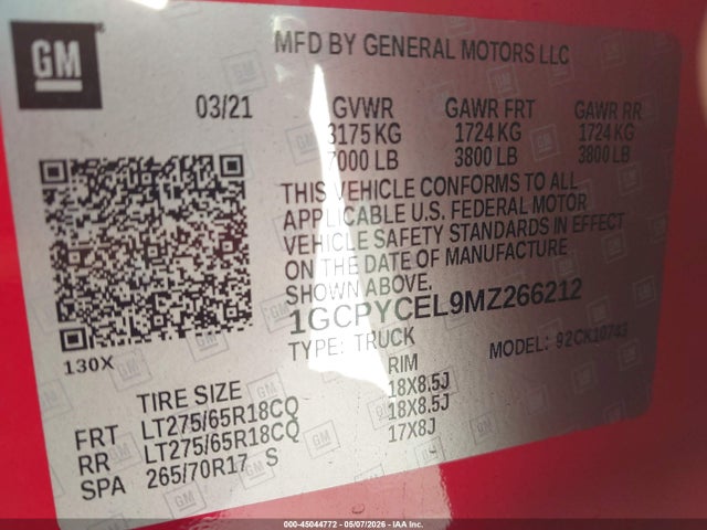 Aukcja sprzedaży 2021 Chevrolet Silverado 1500 4wd  Standard Bed Custom Trail Boss, vin: 1GCPYCEL9MZ266212, numer aukcji: 45044772