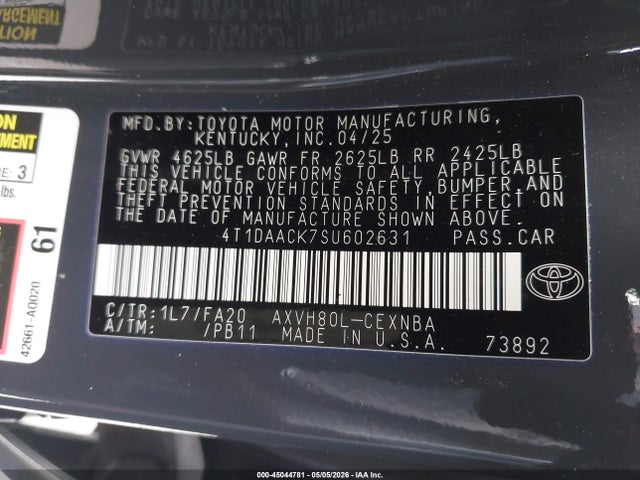 Aukcja sprzedaży 2025 Toyota Camry Le, vin: 4T1DAACK7SU602631, numer aukcji: 45044781