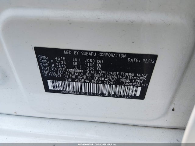 45044784 :رقم المزاد ، 4S3BNAJ66K3028261 vin ، 2019 Subaru Legacy 2.5i Limited مزاد بيع