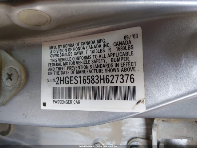 Продаж на аукціоні авто 2003 Honda Civic Lx, vin: 2HGES16583H627376, номер лоту: 45044805