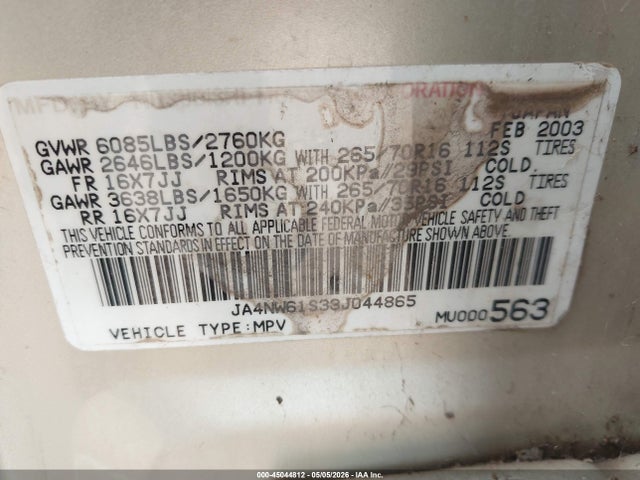 Aukcja sprzedaży 2003 Mitsubishi Montero 20th Anniversary, vin: JA4NW61S33J044865, numer aukcji: 45044812