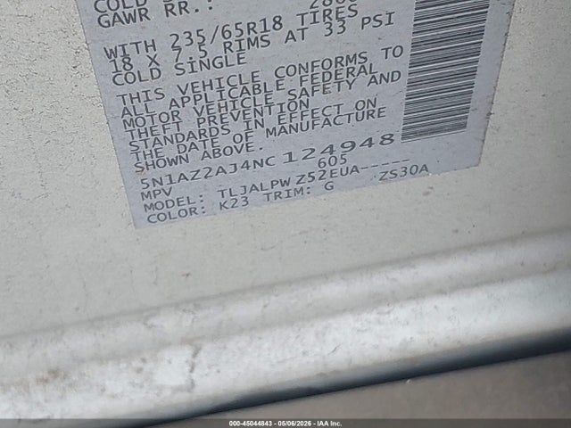 5N1AZ2AJ4NC124948 Nissan Murano S Fwd