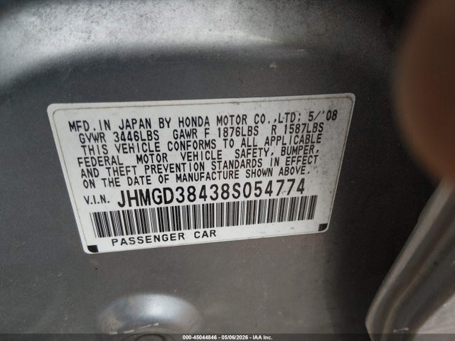 45044846 :رقم المزاد ، JHMGD38438S054774 vin ، 2008 Honda Fit مزاد بيع