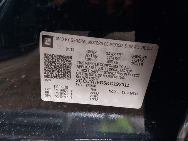45044848 :رقم المزاد ، 3GCUYHED5KG192311 vin ، 2019 Chevrolet Silverado 1500 High Country مزاد بيع