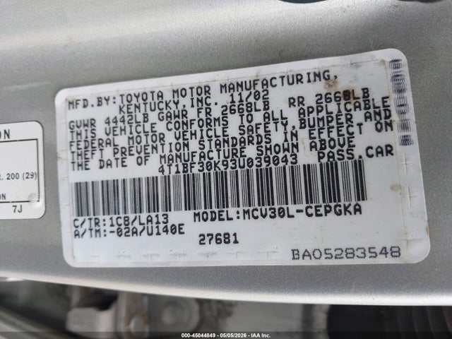 2003 Toyota Camry Xle V6 მანქანა იყიდება აუქციონზე, vin: 4T1BF30K93U039043, აუქციონის ნომერი: 45044849