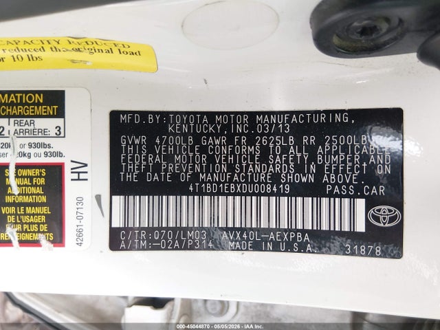 Auction sale of the 2013 Toyota Avalon Hybrid Limited, vin: 4T1BD1EBXDU008419, lot number: 45044870