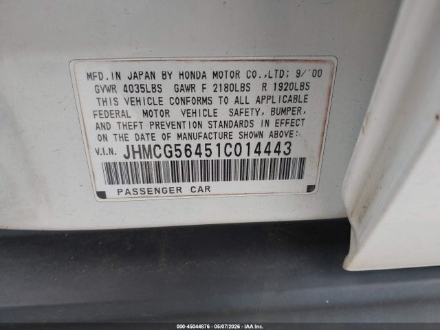 Aukcja sprzedaży 2001 Honda Accord 2.3 Lx, vin: JHMCG56451C014443, numer aukcji: 45044876